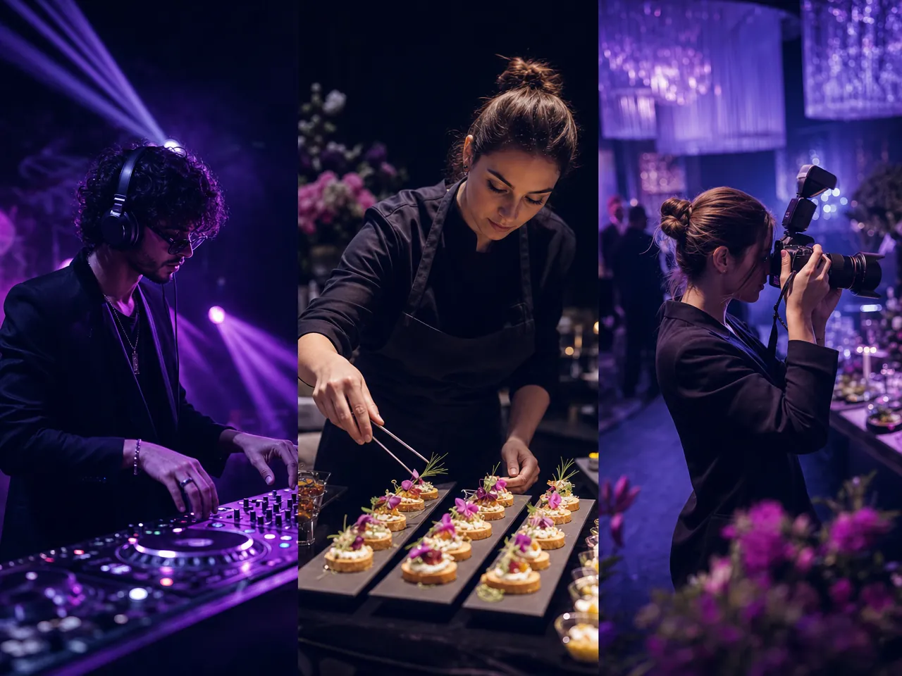 Un DJ, un traiteur et un photographe au travail pendant un événement