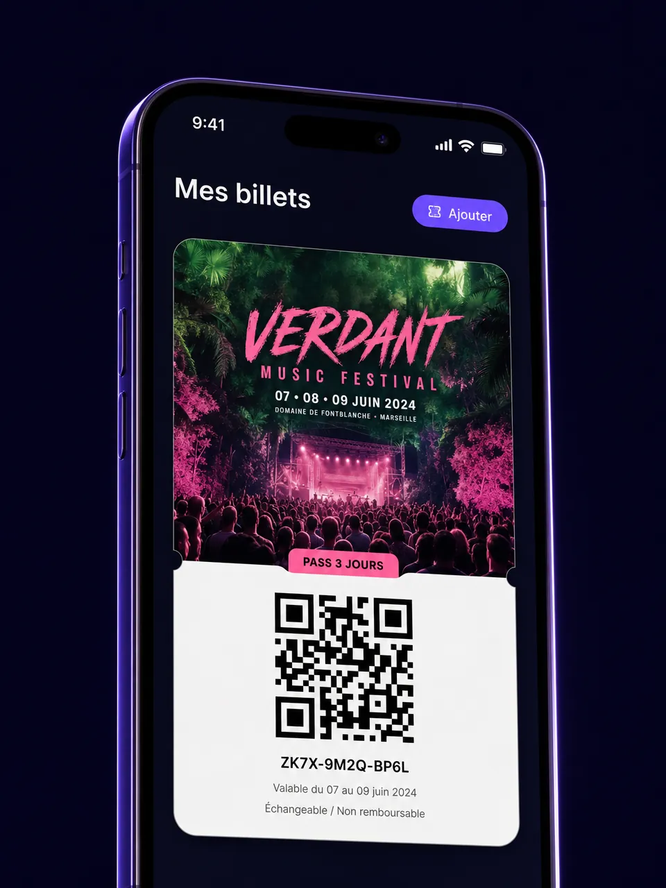 Écran Mes billets avec un QR code dans l’application MojoFE